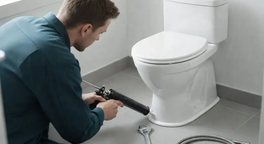 Hantverkare använder fogpistol för att limma toalettstol. Verktyg som skiftnyckel och slang ligger redo.