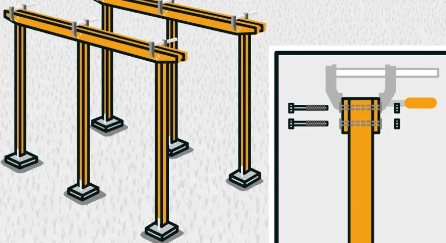 Illustration visar hur man bygger en pergola med stolpar och balkar. Detaljbild visar hur man fäster balken med bultar.