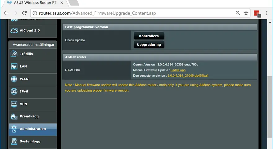Sidan visar hur man uppdaterar Asus router RT-AC68U. Här kan du kontrollera och ladda upp ny firmware för din nätverksenhet.