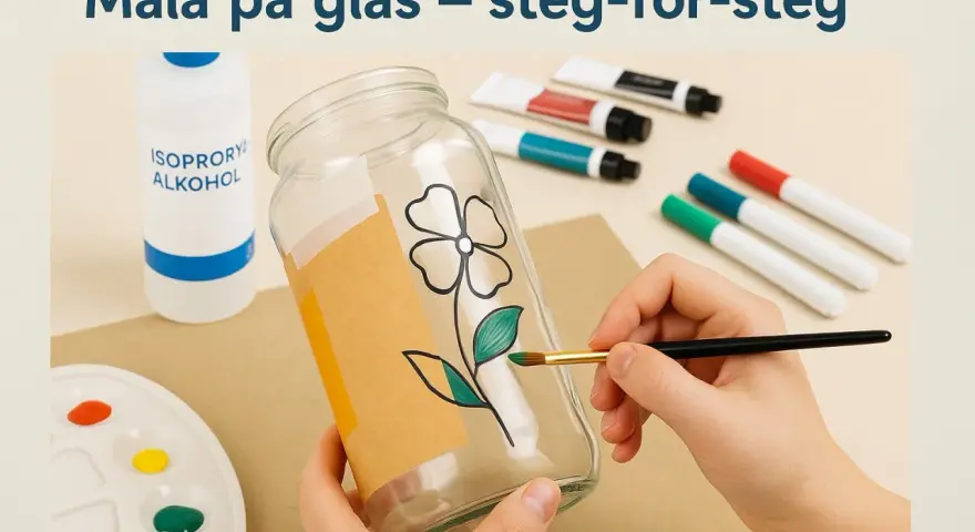 En hand målar ett blommönster på ett glas med en pensel. Färger, alkohol och andra tillbehör för att måla på glas ligger bredvid.