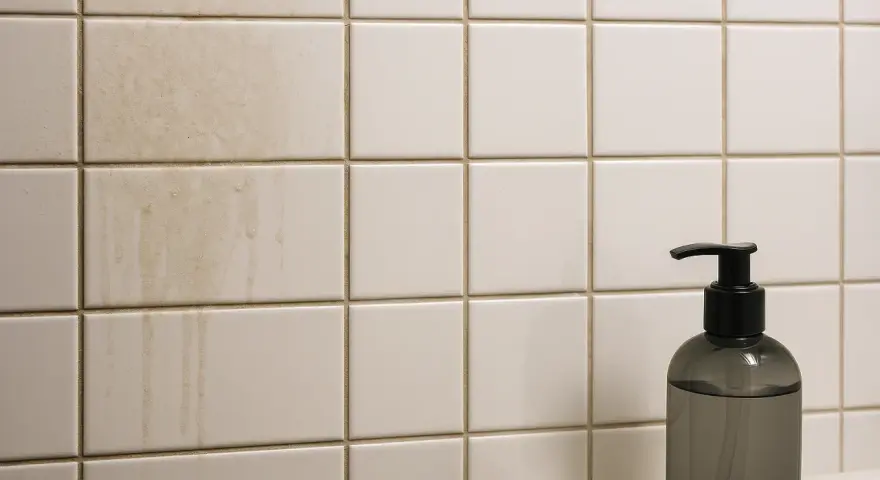 Smutsiga kakelplattor med rinnande vattenfläckar. En mörk tvålbehållare står till höger. Dags att ta bort kakel och rengöra.