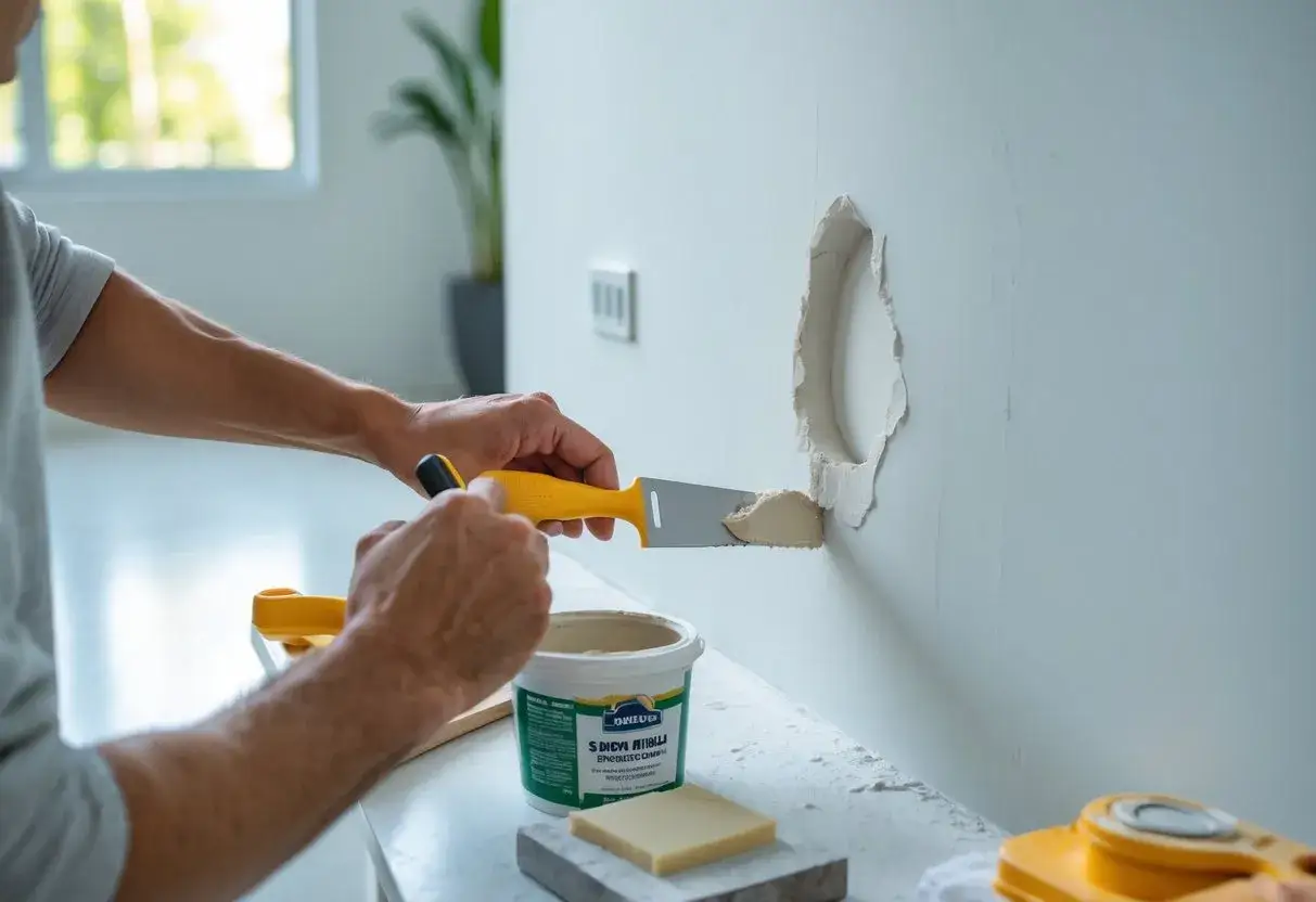 Person spacklar hål i väggen med en spackelspade och en burk spackel.