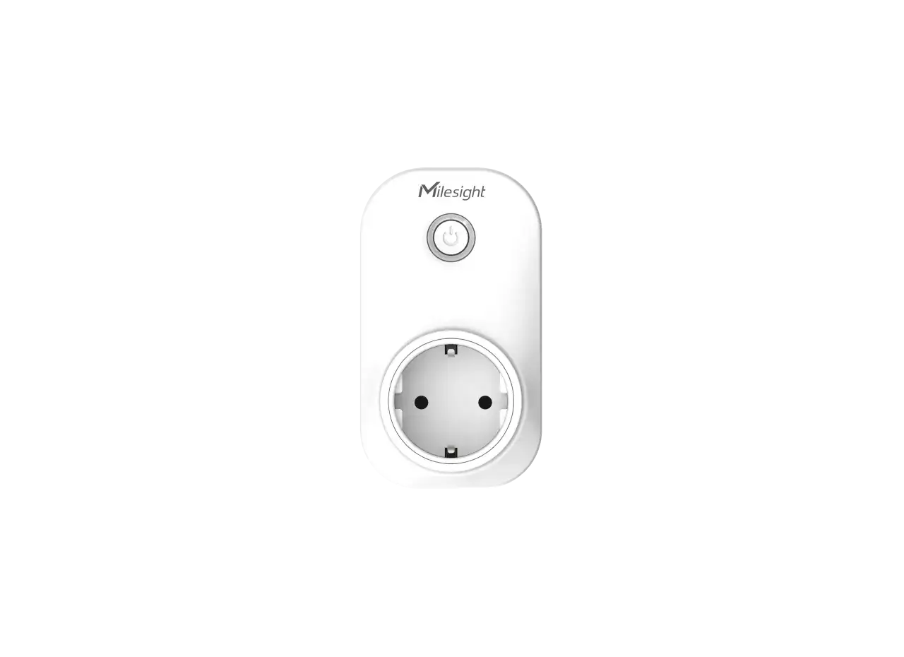 En vit smartkontakt från Milesight med en strömbrytare. Möjliggör att styra eluttag med mobilen för ökad bekvämlighet.