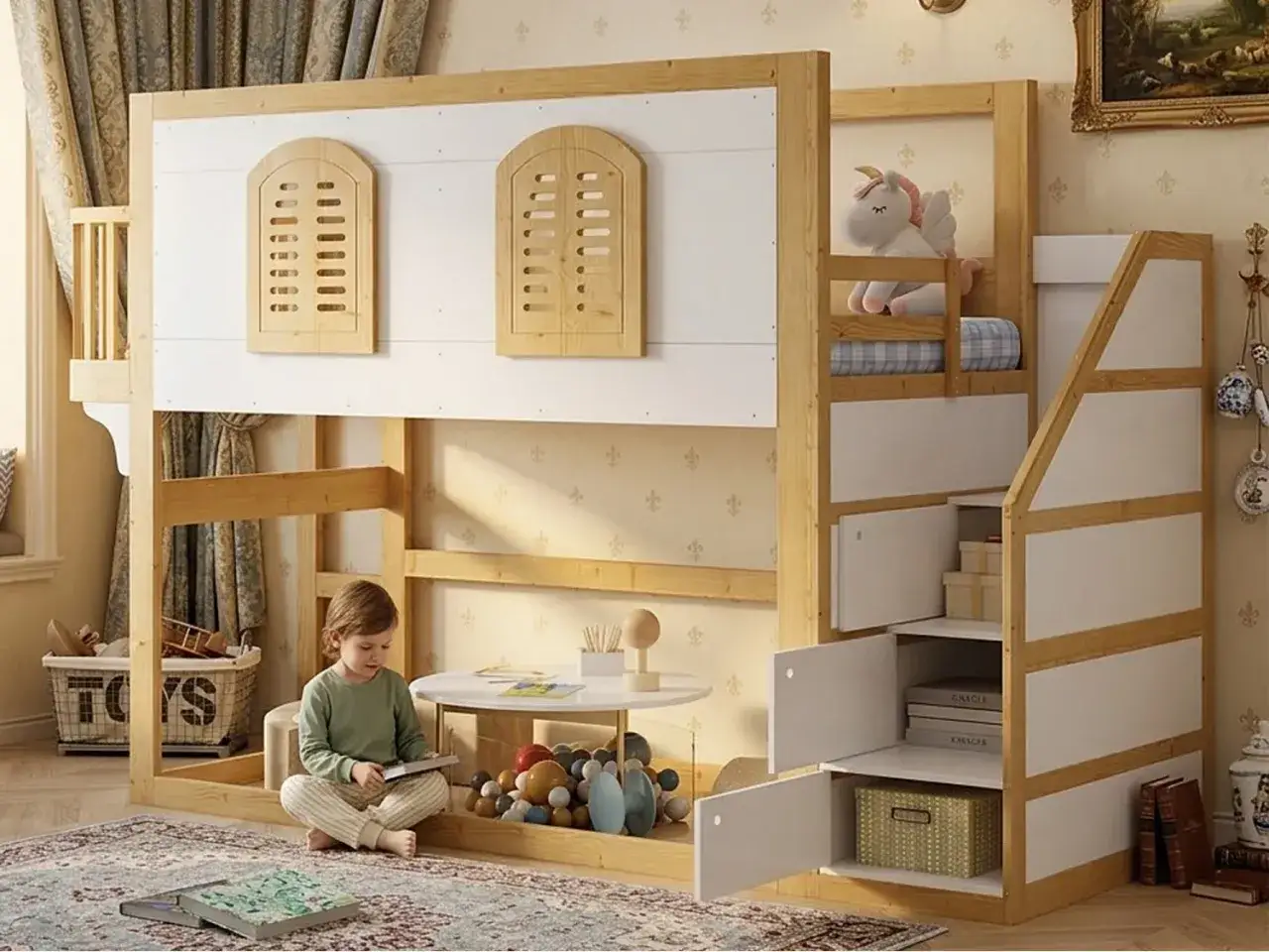 Barn leker vid en säng med trappa och förvaring, perfekt för att bygga loft. En enhörning vilar på sängen.