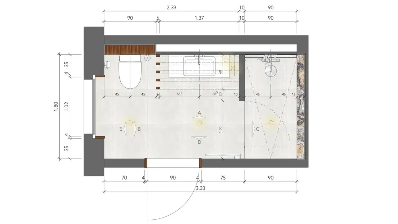 Planritning för ett badrum med toalett, badkar och dusch. Perfekt för dig som vill renovera badrum.