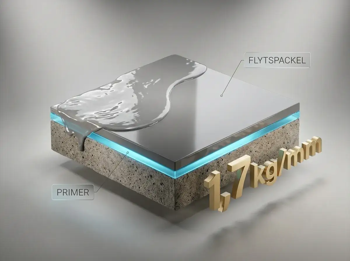 Flytspackla golv: lager av primer och flytspackel på en betonggrund. Visar 1,7 kg/mm.