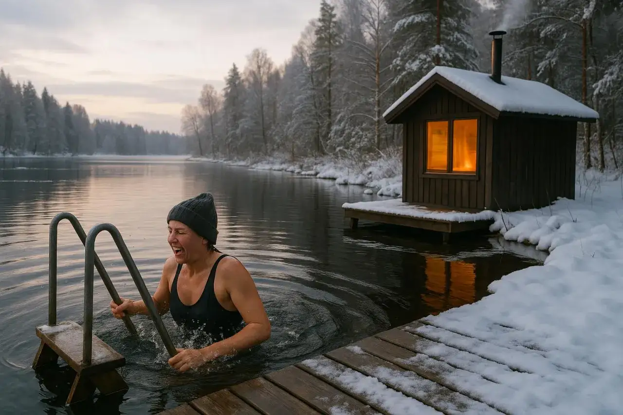 Kvinna skrattar i kallt vatten vid en vedeldad bastu i snöig skog.