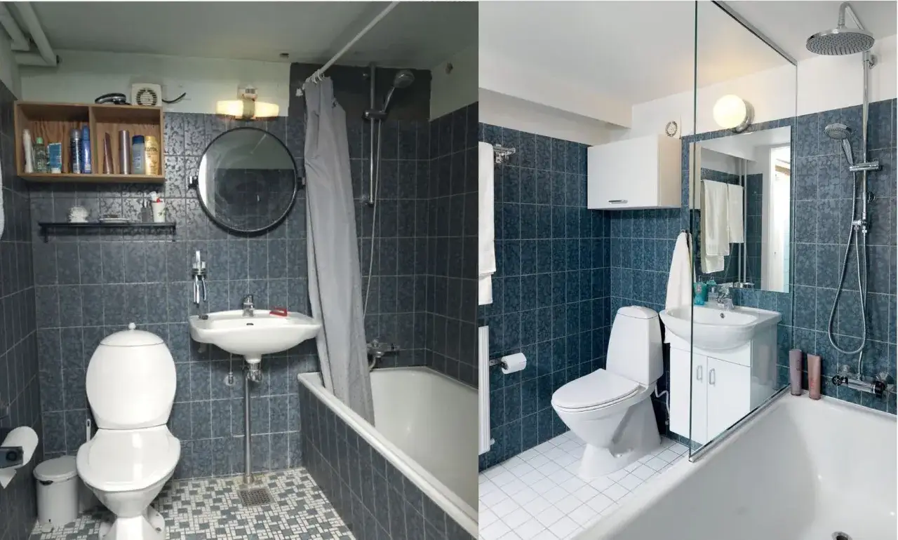 Före och efter-bild på ett badrum. En renovering som visar hur man kan renovera badrum billigt och få ett modernt och fräscht resultat.
