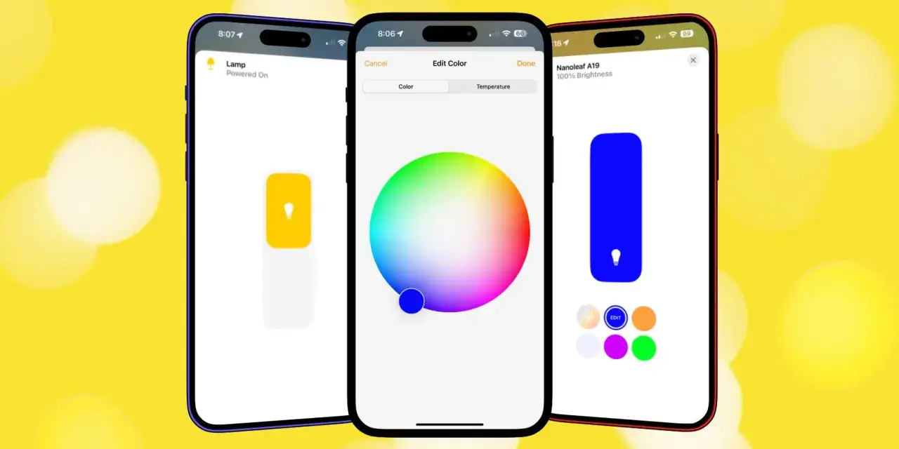 Tre iPhones visar hur man kan styra lampor med iPhone. En visar en gul lampa, en annan en färgkarta för att välja färg, och den tredje en blå lampa.