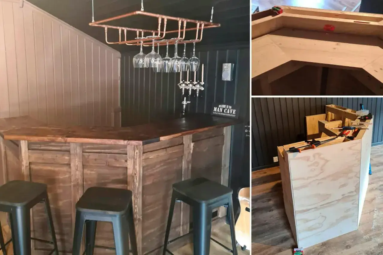 H&auml;r visas steg i att bygga en bardisk. En f&auml;rdig, rustik bardisk med glasst&auml;llning och kranar, samt en p&aring;g&aring;ende konstruktion i plywood.