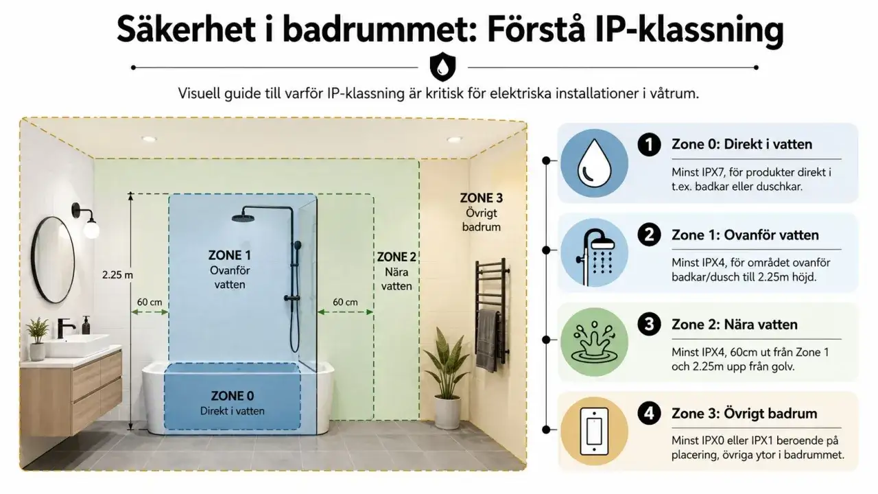 Visuell guide som f&ouml;rklarar IP-klassning i badrummet, med zoner f&ouml;r olika vattenexponering.