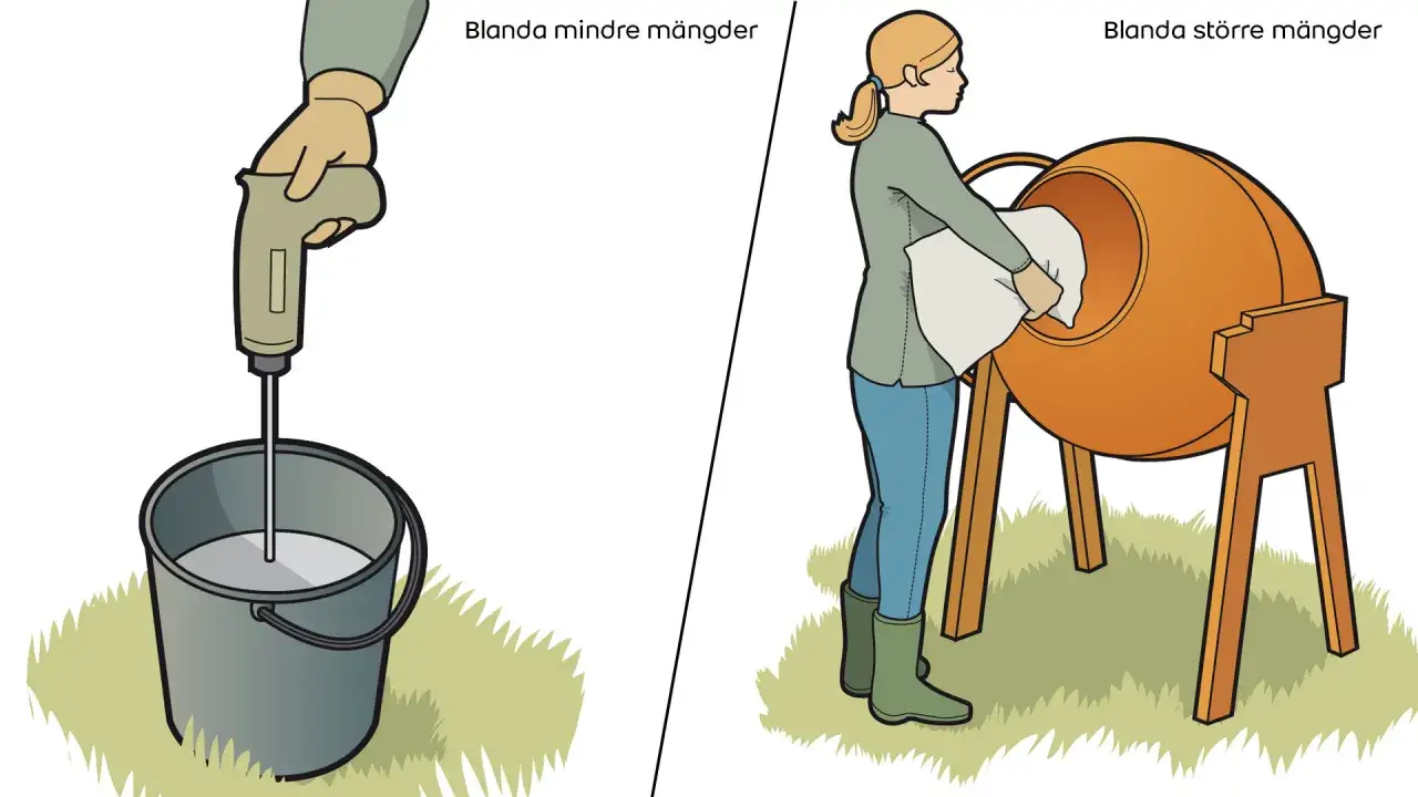 En person anv&auml;nder en blandare f&ouml;r att blanda betong i en hink, medan en annan person h&auml;ller material i en betongblandare.