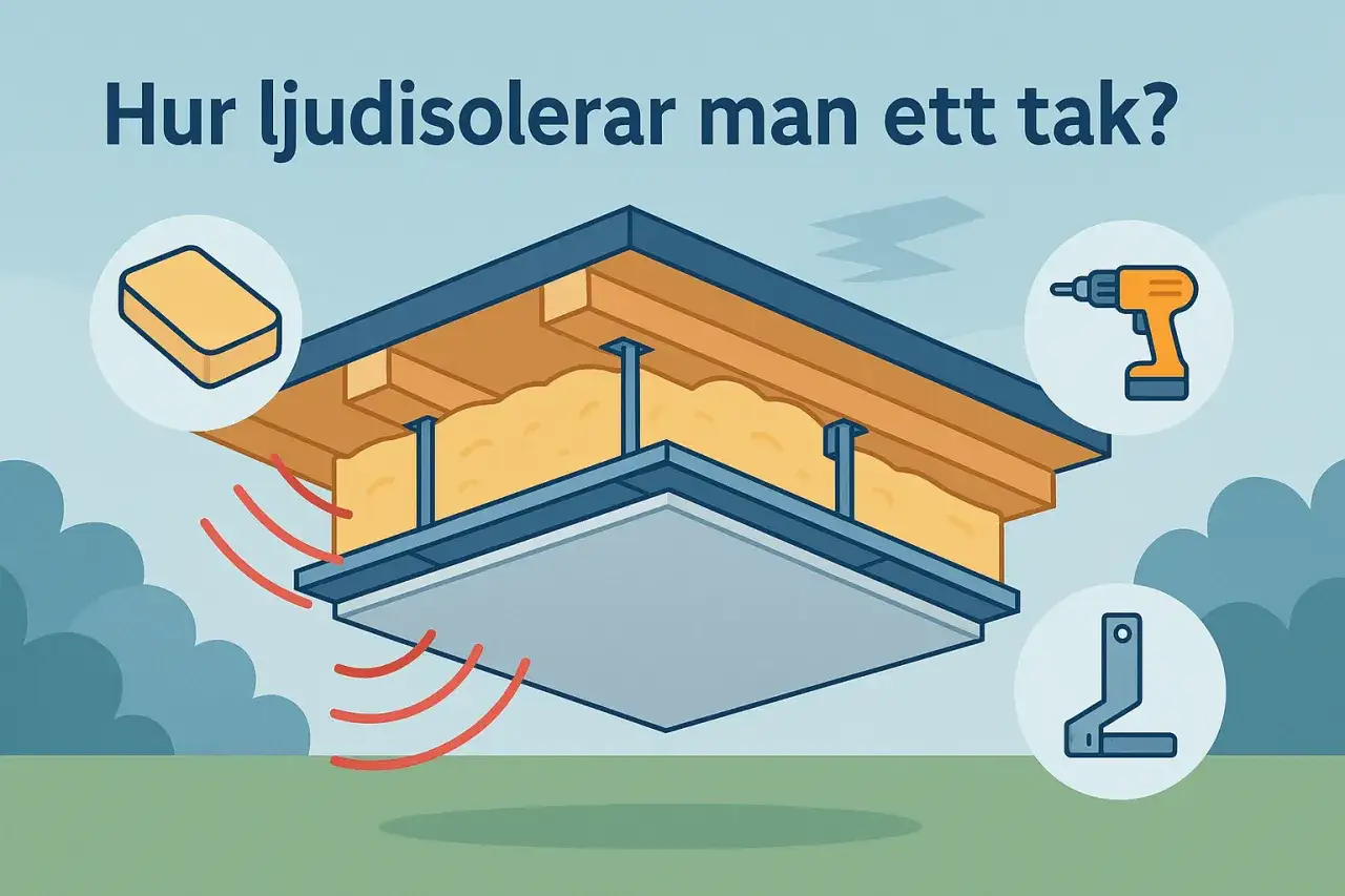 Illustration visar hur man ljudisolerar tak mellan v&aring;ningar med isolering, skruvdragare och f&auml;sten.