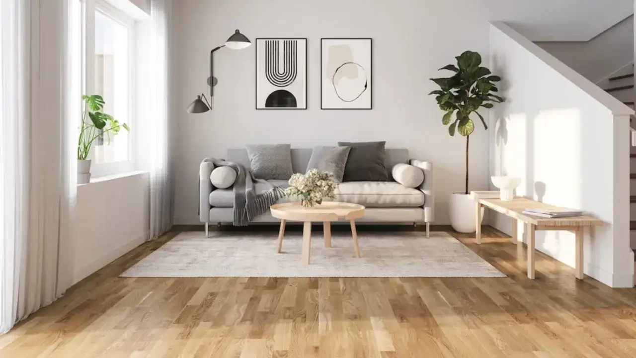 Vacker golv inspiration i ett ljust vardagsrum med en gr&aring; soffa, tr&auml;bord och en stor gr&ouml;n v&auml;xt.