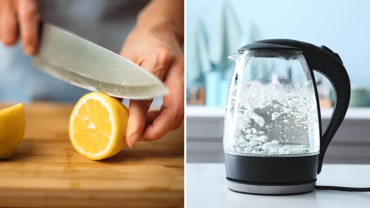 Citron skärs för att avkalka vattenkokare. Vatten kokar i en genomskinlig vattenkokare.