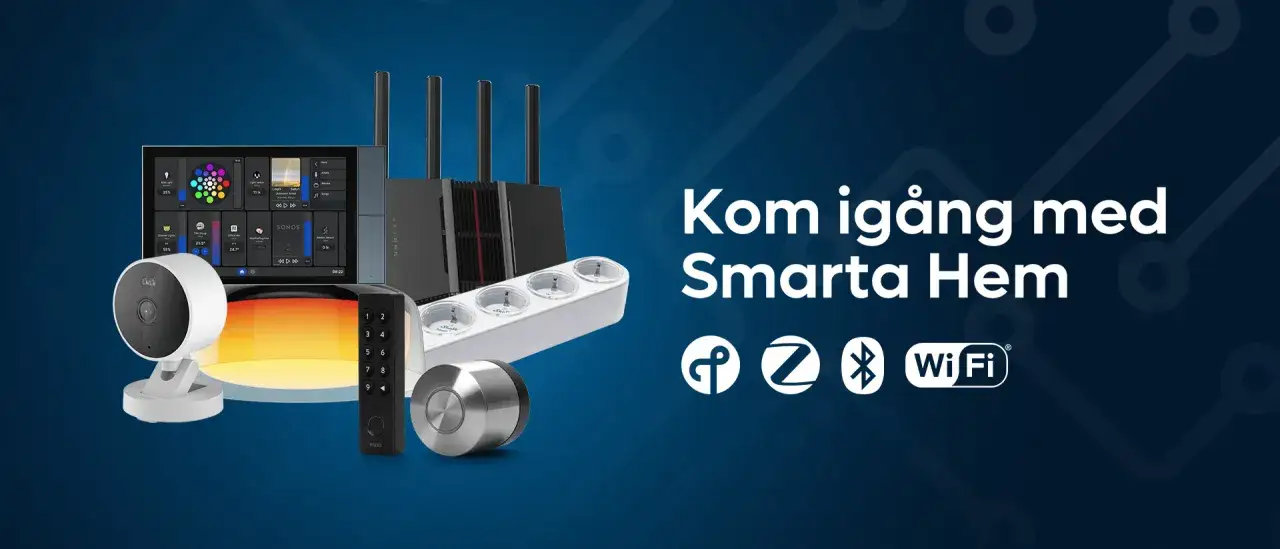 Enheter f&ouml;r ett smart hem: kamera, router, str&ouml;madapter, l&aring;s och en sk&auml;rm som visar olika funktioner.