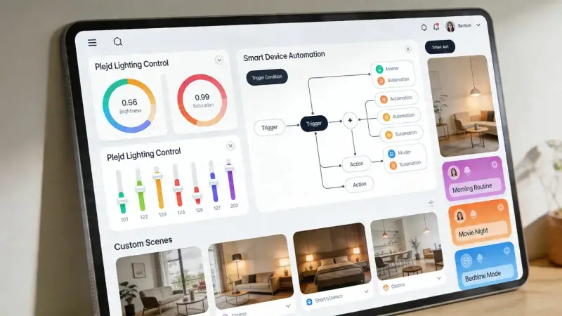 App för smart belysning visar Plejd-kontroller, automatiseringar och anpassade scener.