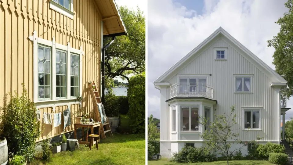 Gula huset är redo att måla om huset. Vitt hus med balkong och vackra fönster.